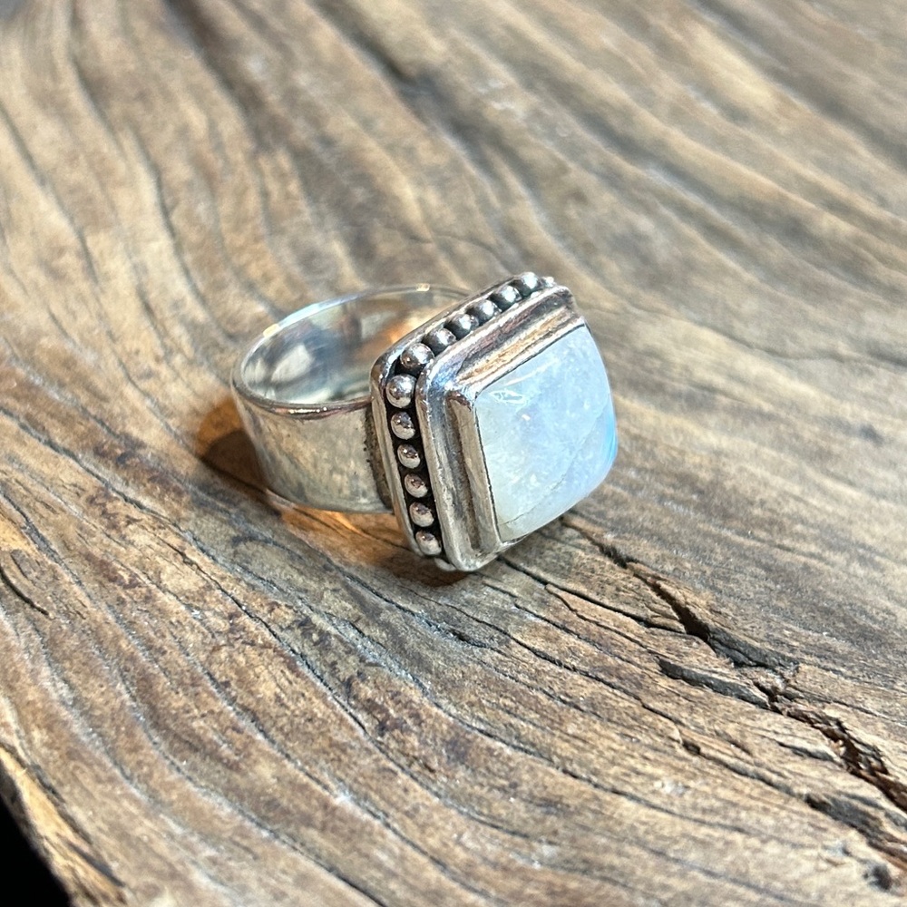 Genuine White Moonstone 925 Sterling Silver Ring Square Stone Ring Ornate Fairy